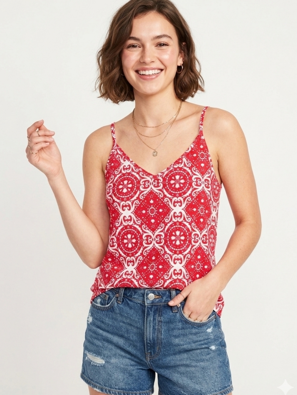 Tecrew Red and White Printed Spaghetti Strap Tank Top